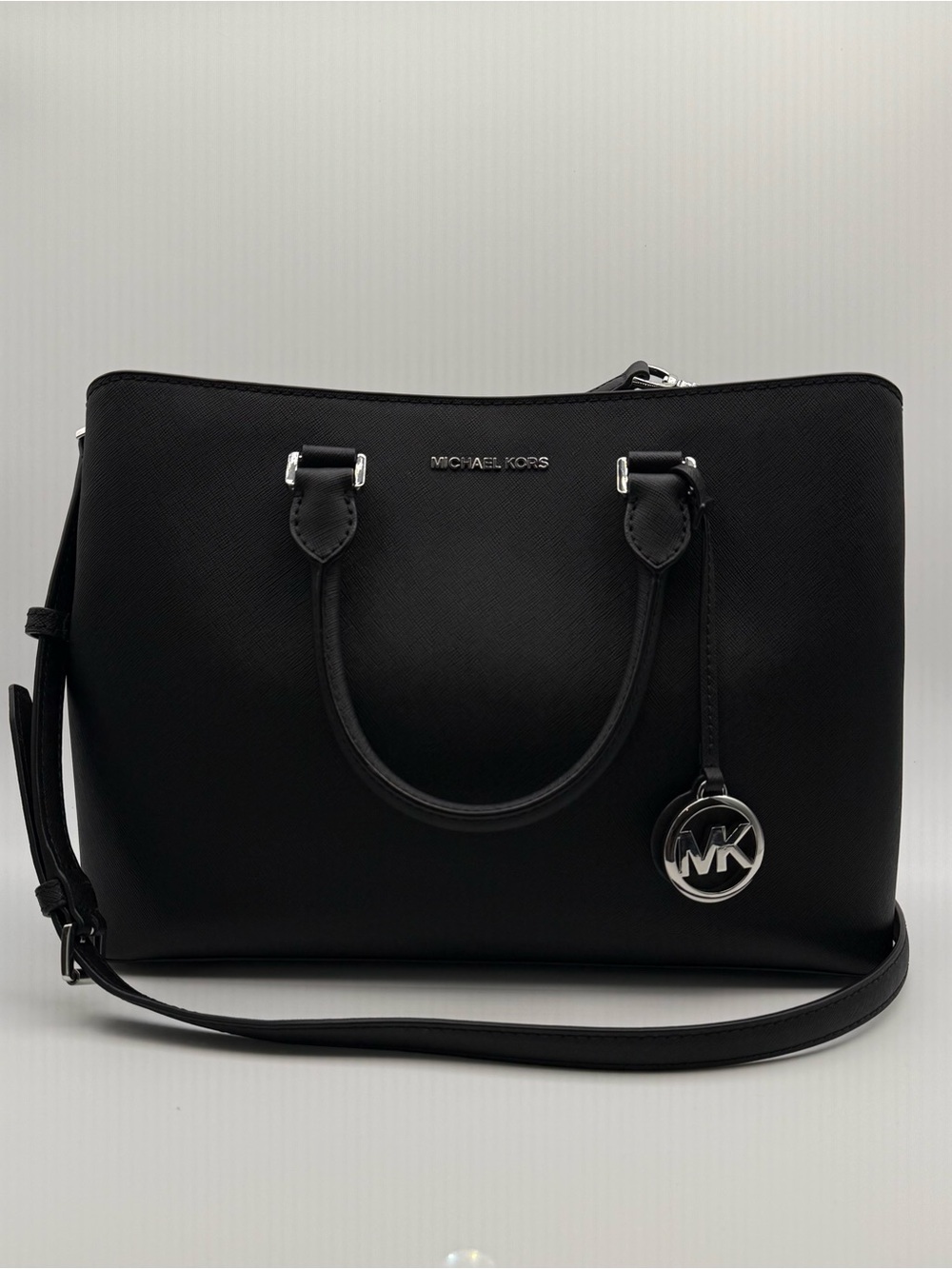 MICHAEL Michael Kors Savannah Black Leather Satchel with MK Charm